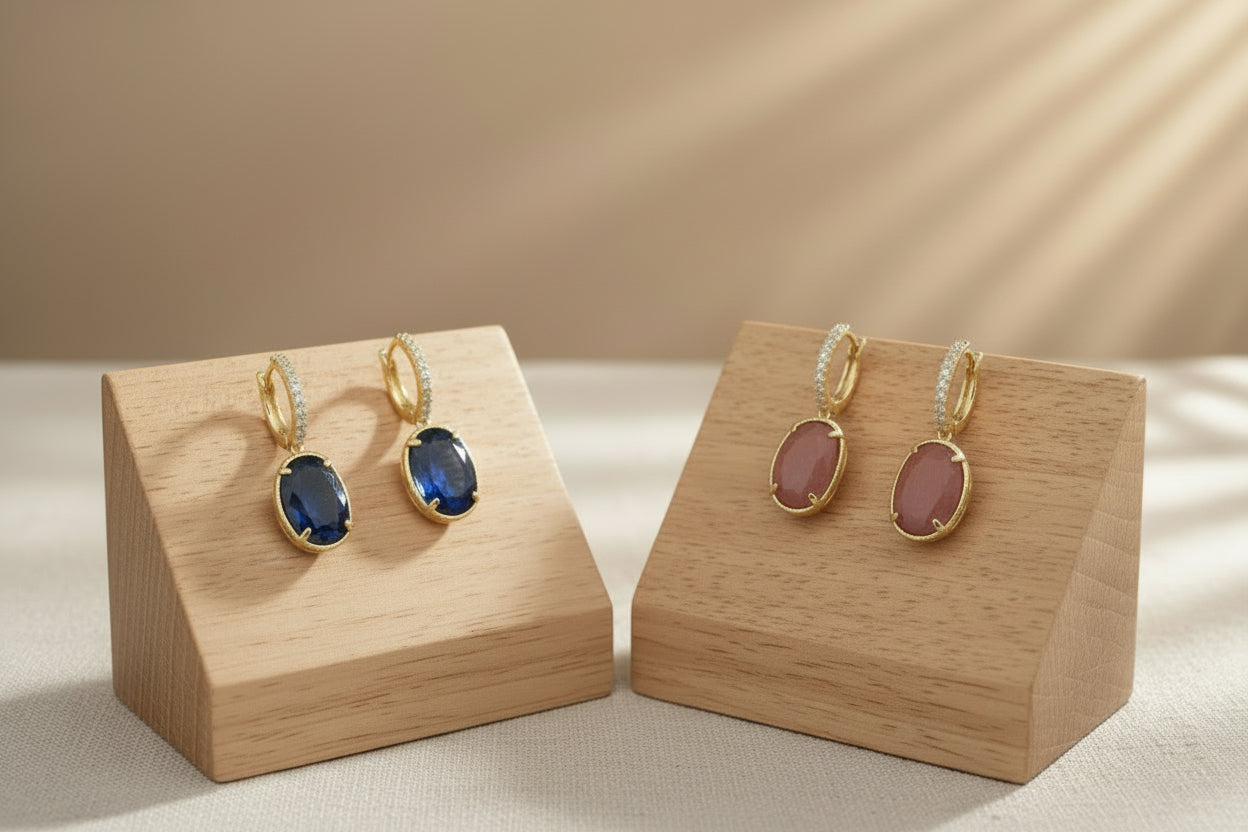 Boucles d'oreilles strass ovale lapis lazuli - rhodonite