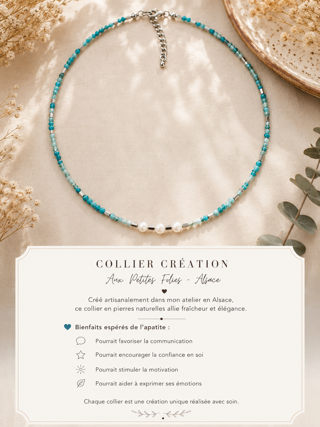 Collier Océane - création artisanale – Apatite & Perle de culture
