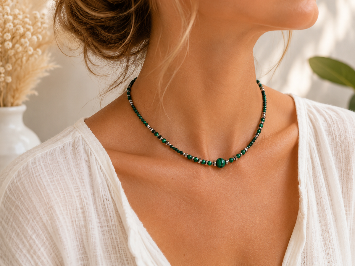 Collier Malachite argenté