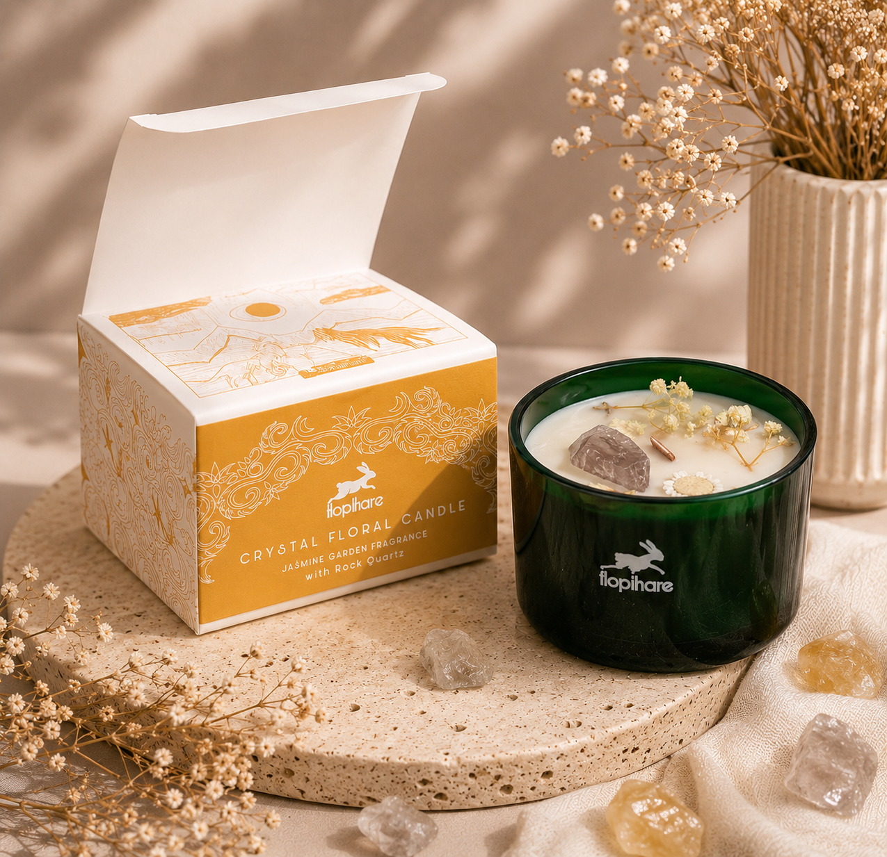 Cristal de roche - Jasmin - Bougie Parfumée aux Pierres Naturelles