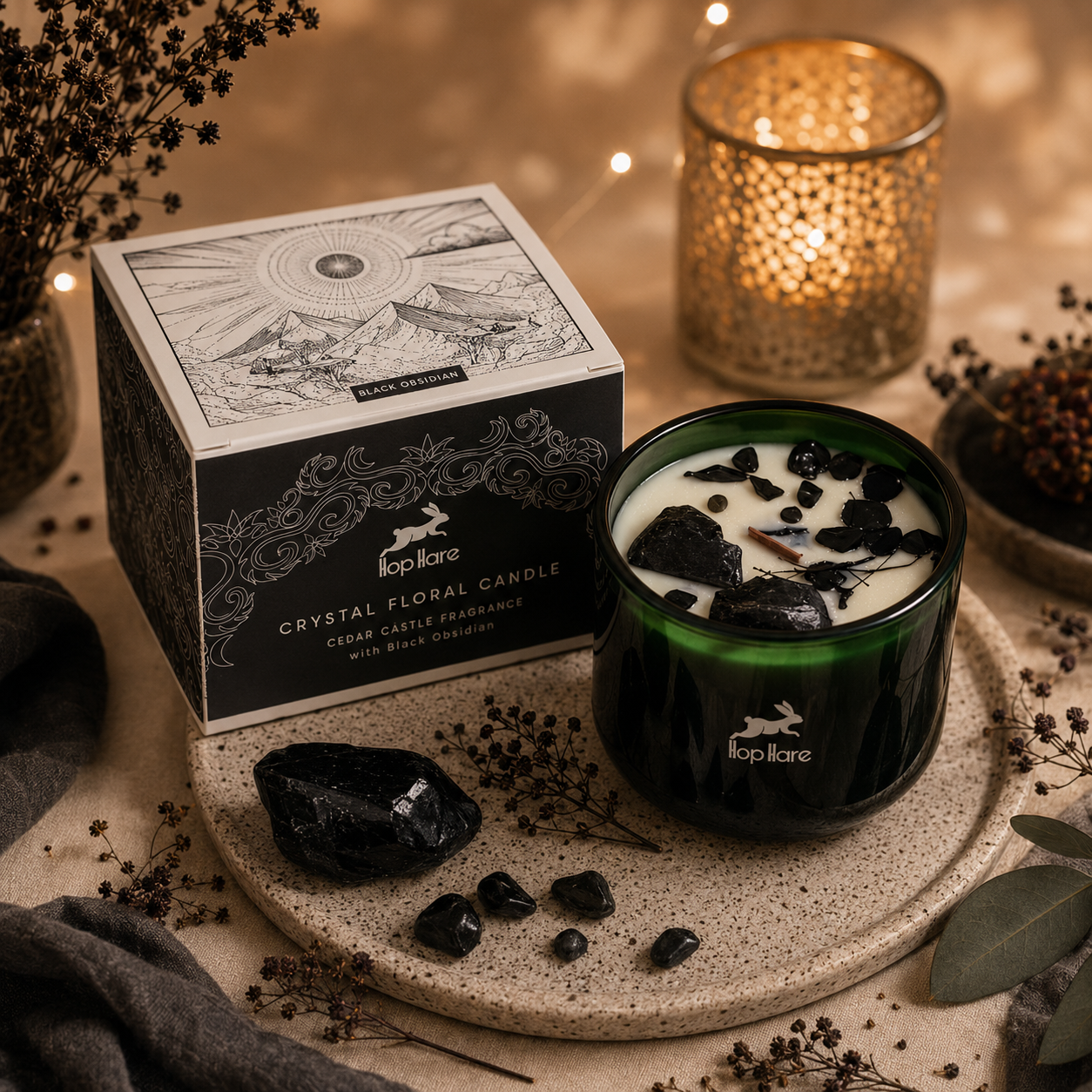 Obsidienne - Cédre - Bougie parfumée avec pierres naturelles