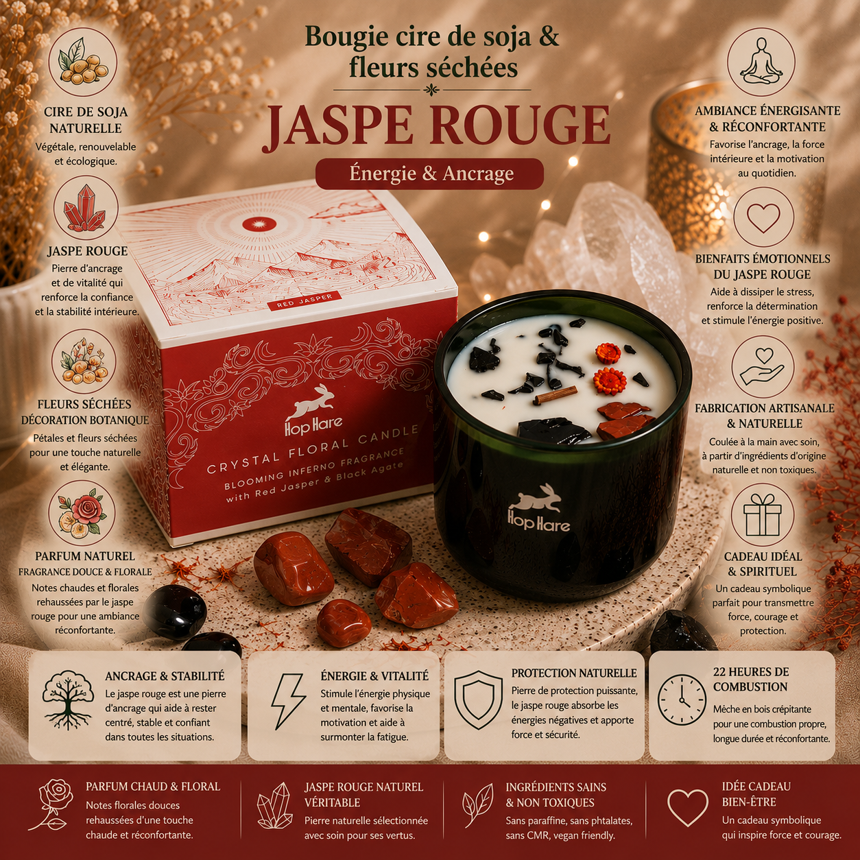 Jaspe rouge - Agate noir - Bougie parfumée avec pierres naturelles