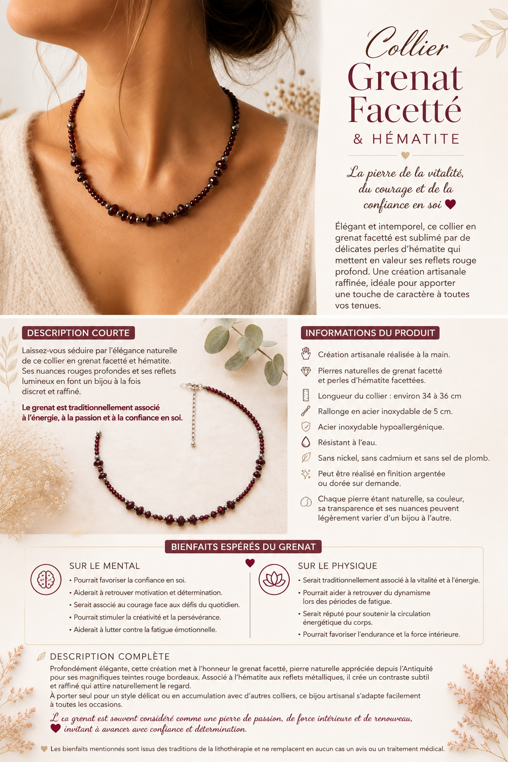 Collier en Grenat Naturel – Confiance, Courage & Énergie Argenté