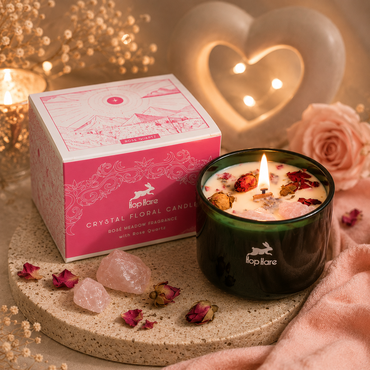 Quartz Rose - Rose du Maroc - Bougie parfumée aux pierres naturelles