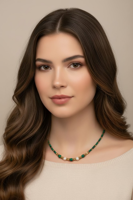 ✨ Collier Tess Malachite & Perle d’Eau Douce – Création Artisanale ✨