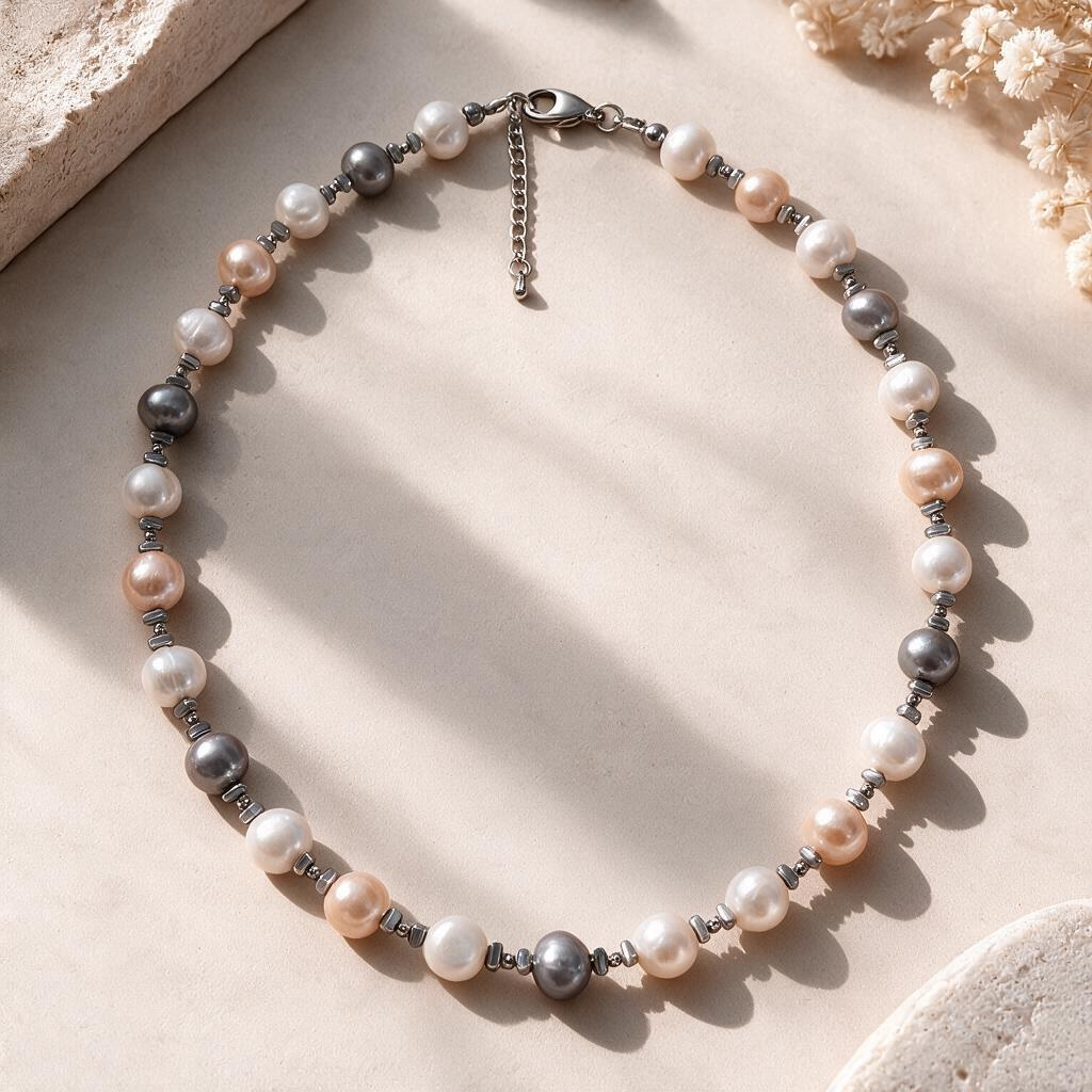 Collier en perles de culture d’eau douce multicolores – Blanc, rose poudré et gris