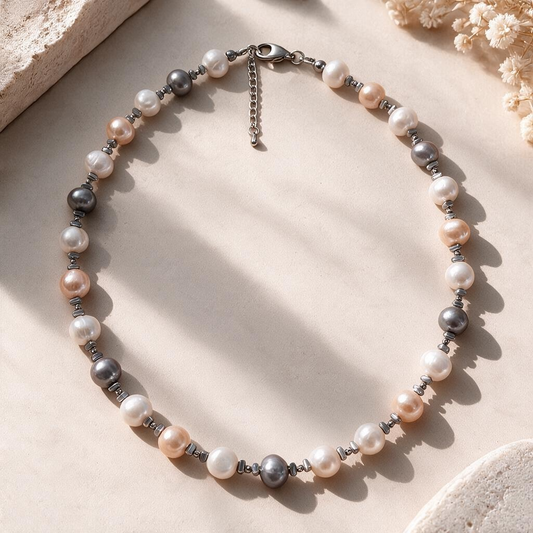 Collier en perles de culture d’eau douce multicolores – Blanc, rose poudré et gris