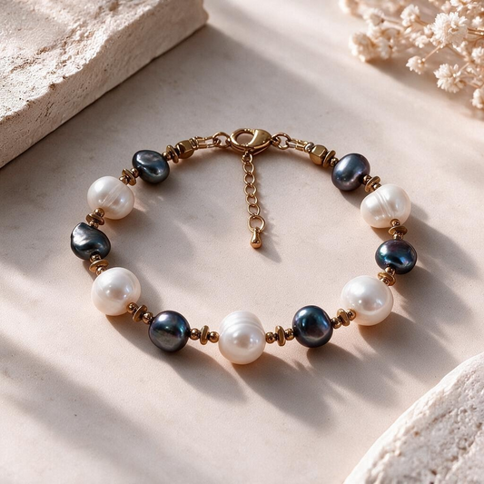 Bracelet en Perles de Culture d’Eau Douce Blanches et Gris Anthracite – Création Artisanale