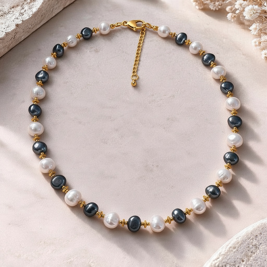 Collier en Perles de Culture d’Eau Douce Blanches et Gris Anthracite – Création Artisanale