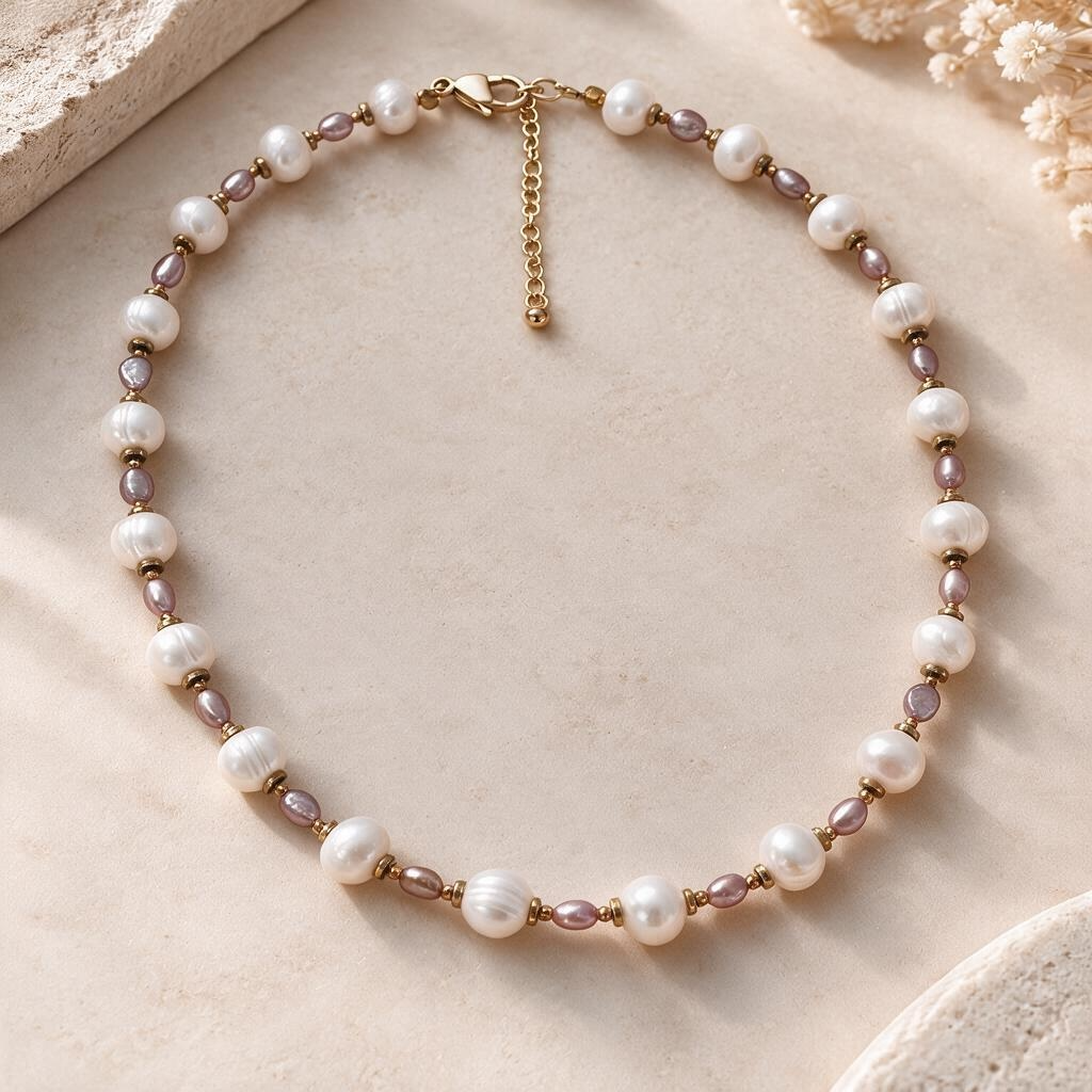 Collier en perles de culture d’eau douce blanches et mauves – Finition dorée ou argentée
