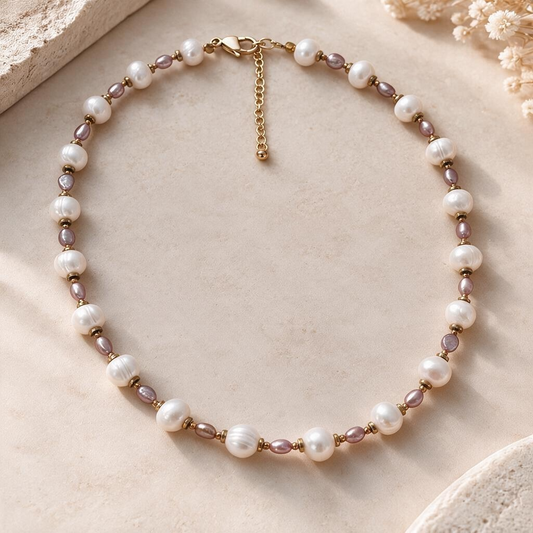 Collier en perles de culture d’eau douce blanches et mauves – Finition dorée ou argentée