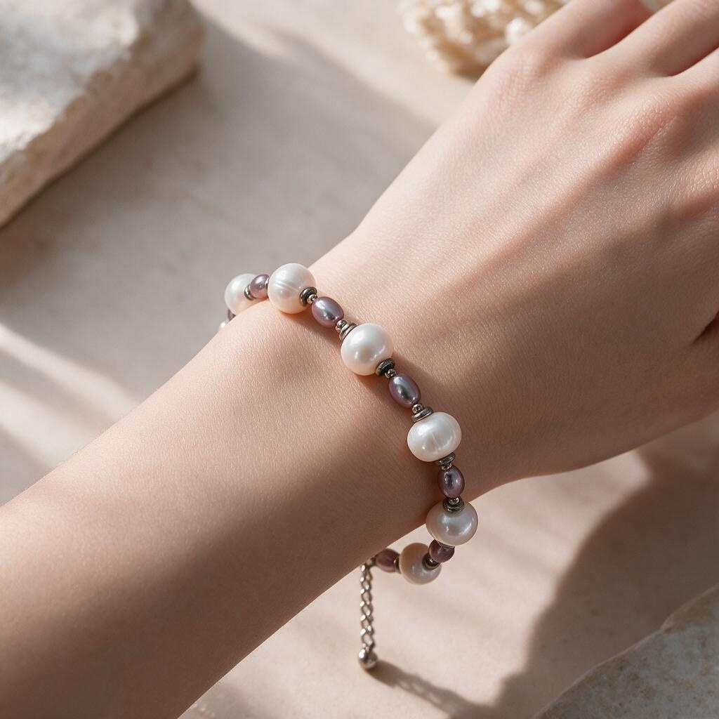 Bracelet en perles de culture d’eau douce blanches et mauves –