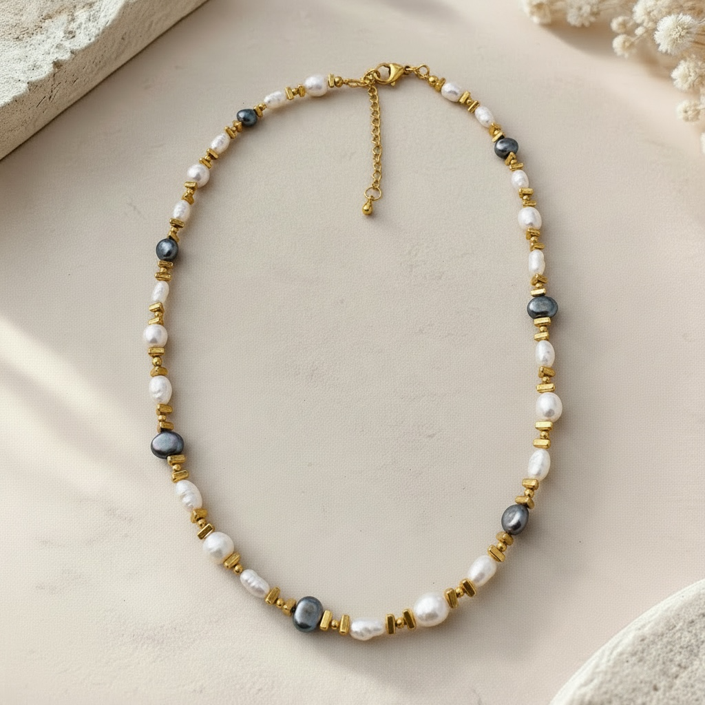 Éclat de Nacre – Collier en Perles de Culture d’Eau Douce Blanches et Grises