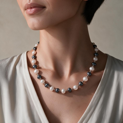 Collier en Perles de Culture d’Eau Douce Blanches et Gris Anthracite – Création Artisanale