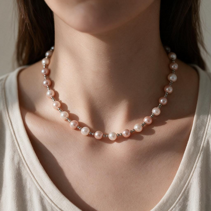 Collier Perles de Culture d’Eau Douce Roses et Blanches – Création Artisanale