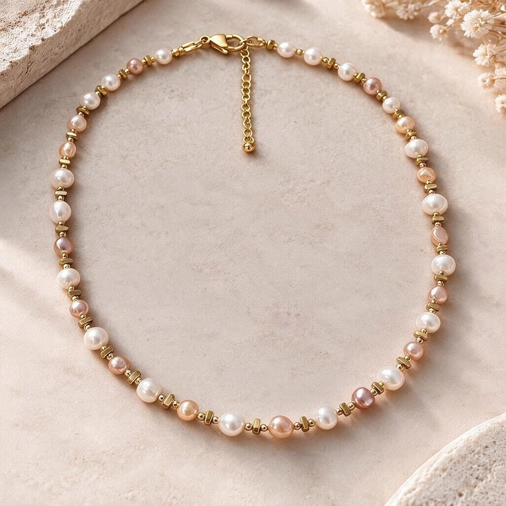 ✨ Éclat de Rose – Collier en Perles de Culture d’Eau Douce