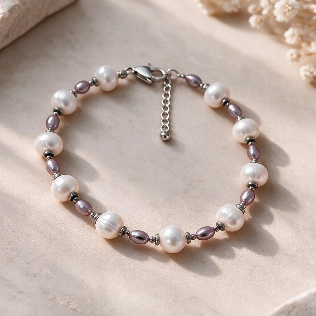 Bracelet en perles de culture d’eau douce blanches et mauves –