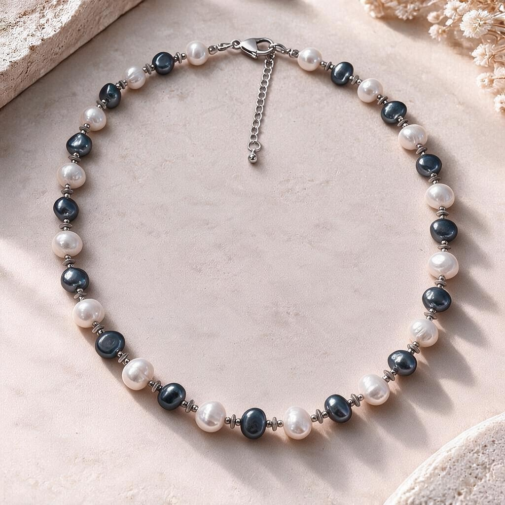Collier en Perles de Culture d’Eau Douce Blanches et Gris Anthracite – Création Artisanale