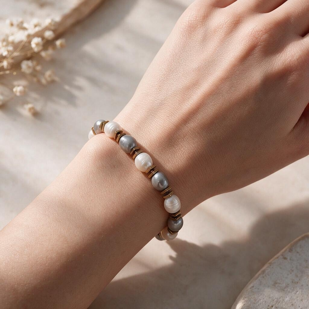 Bracelet en perles de culture d’eau douce blanches et grises – Finition dorée ou argentée