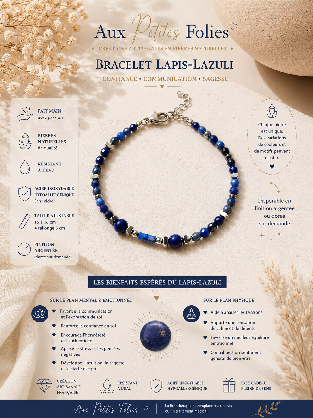 Bracelet artisanal en Lapis-Lazuli facetté