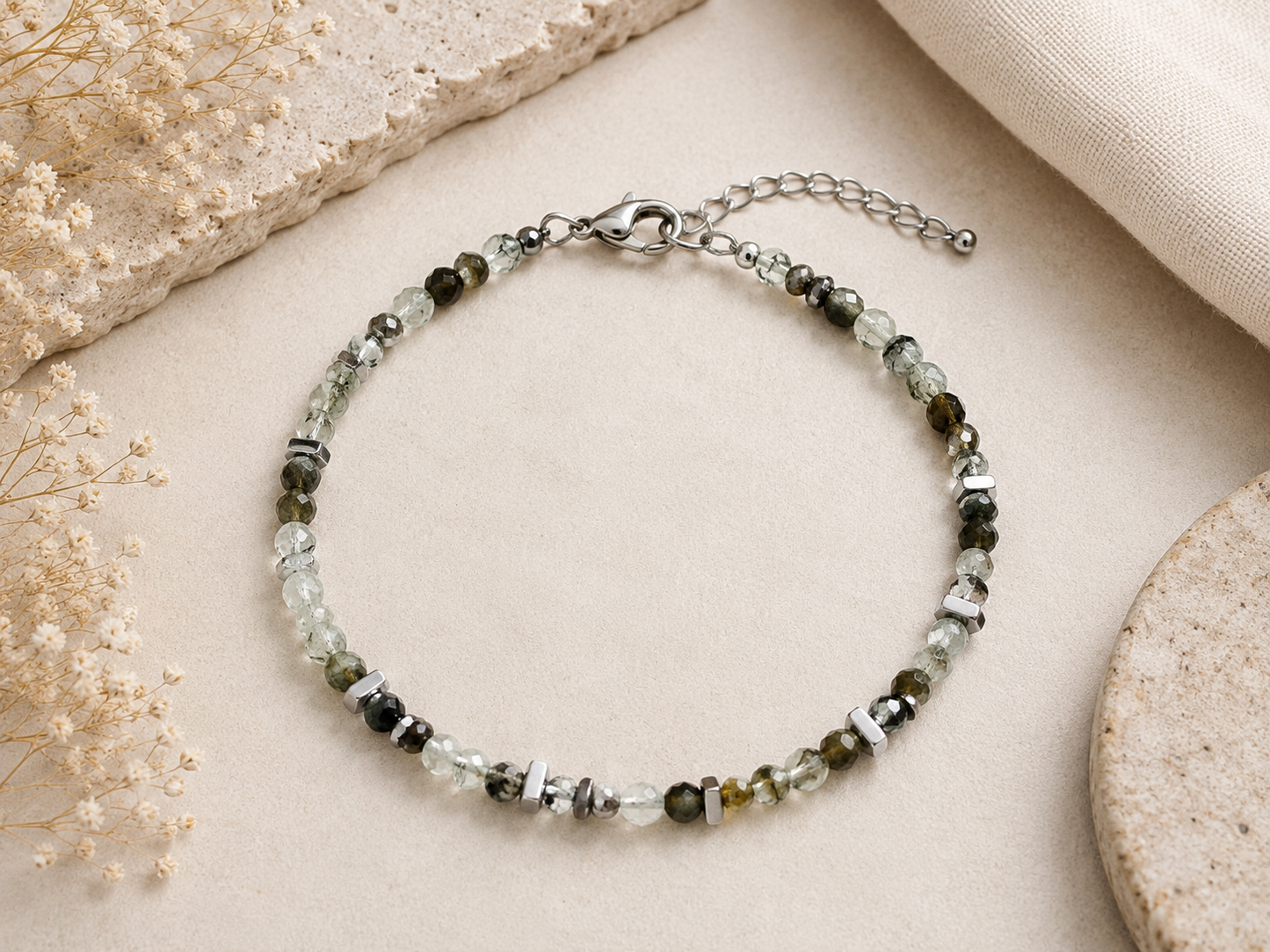 Bracelet Quartz vert facetté - Argenté