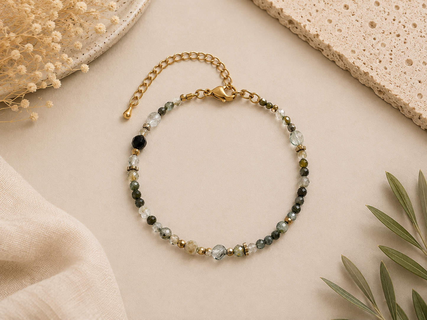 Bracelet Quartz vert facetté - Doré