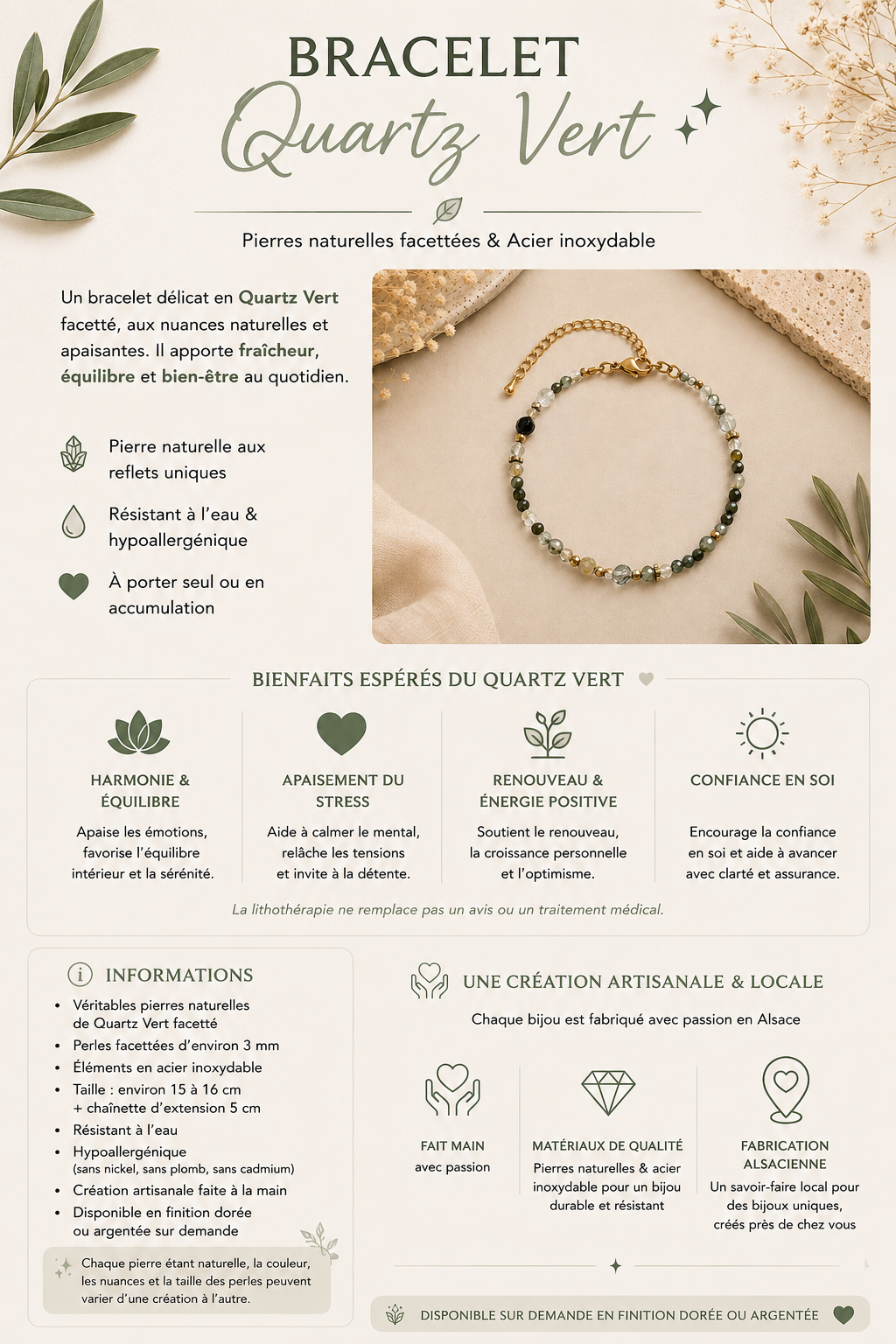 Bracelet Quartz vert facetté - Doré