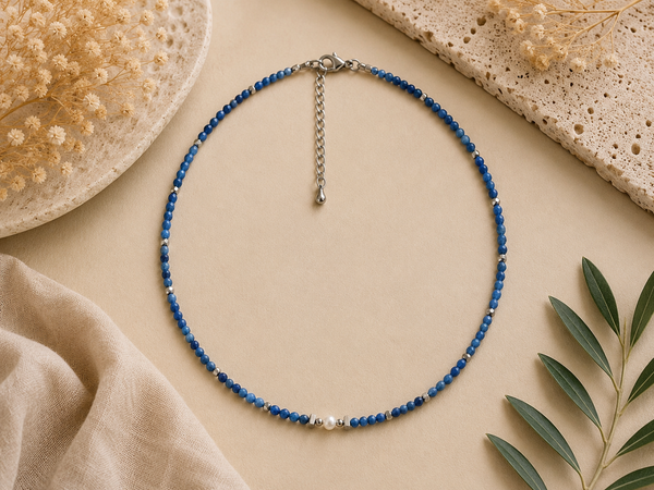 Collier Lapis Lazuli et Perle Culture d’eau douce argenté