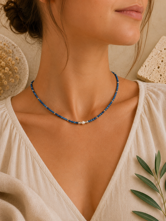 Collier Lapis Lazuli et Perle Culture d’eau douce argenté
