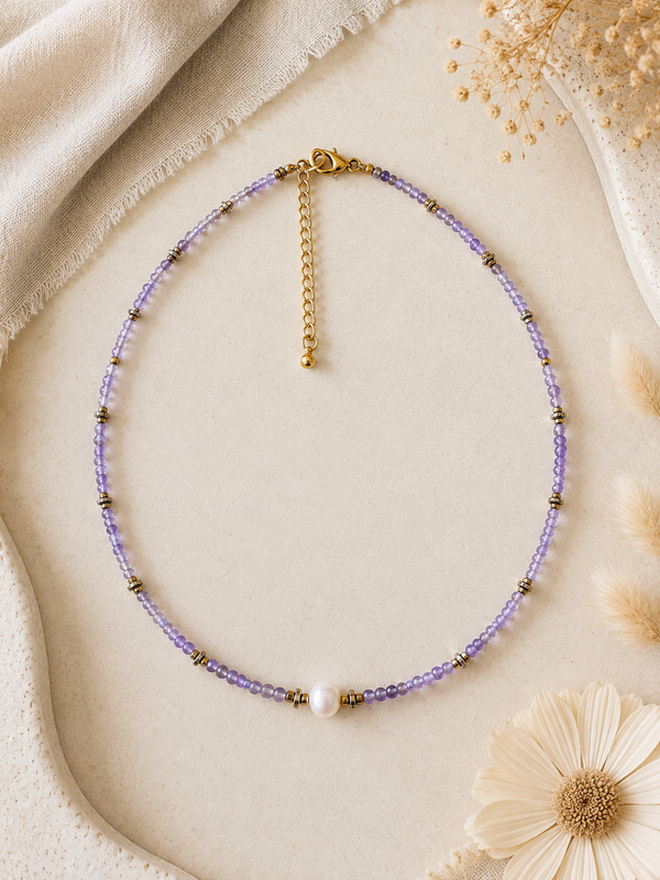 Collier Améthyste facetté et perle doré