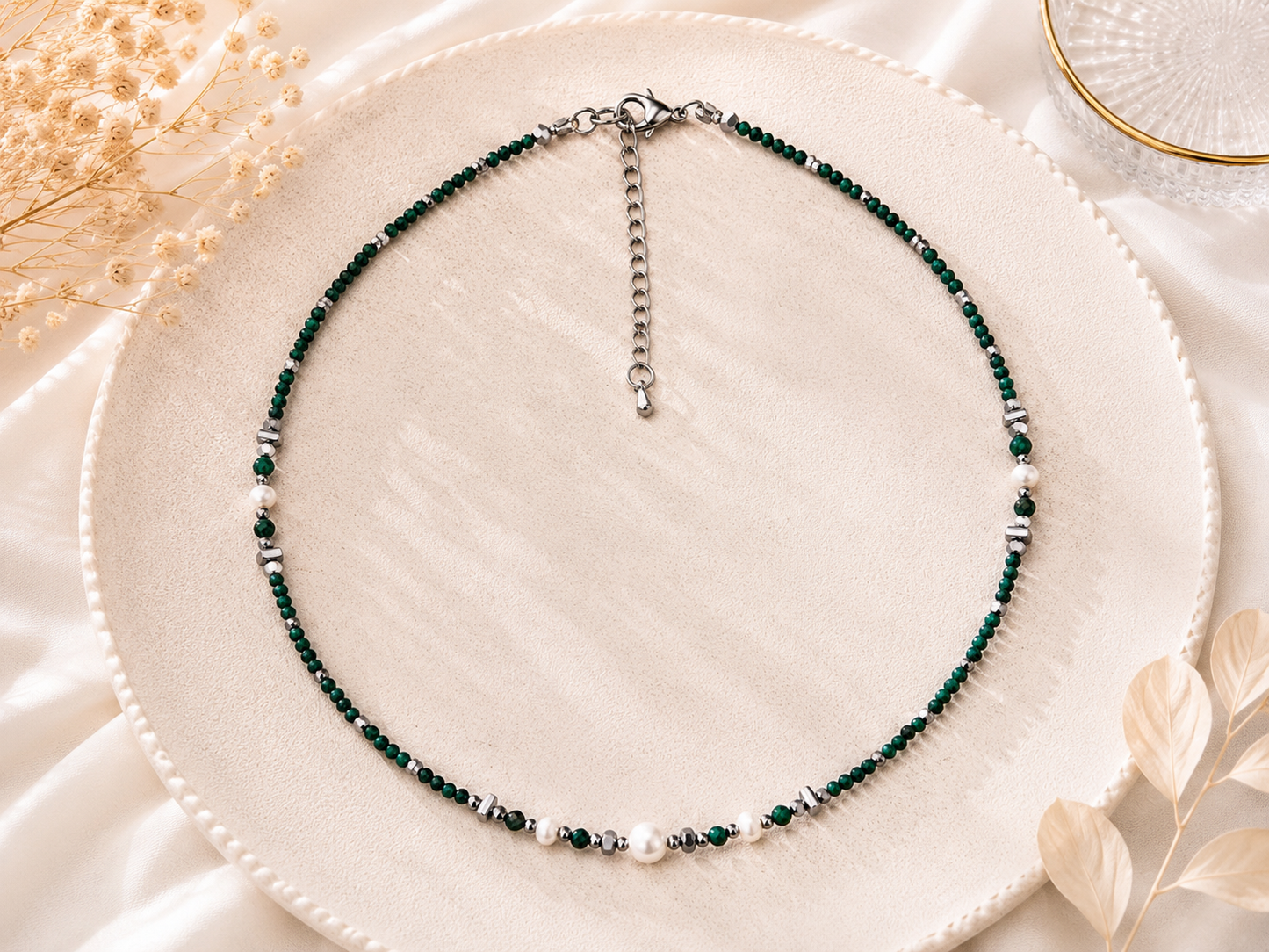 Collier malachite et perle argenté