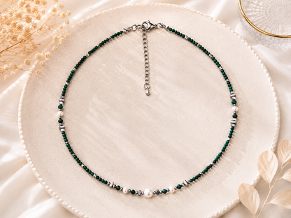Collier malachite et perle argenté