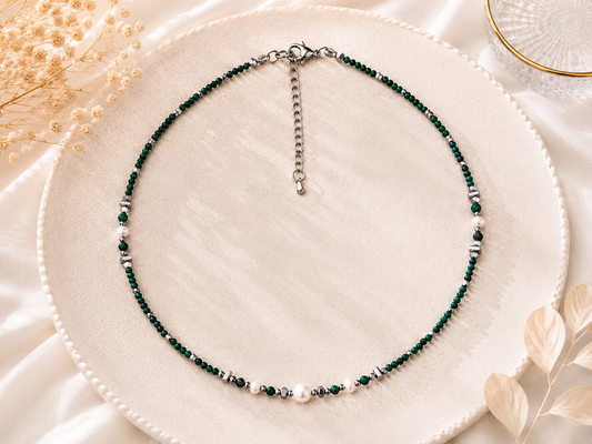 Collier malachite et perle argenté