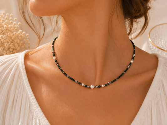 Collier malachite et perle argenté