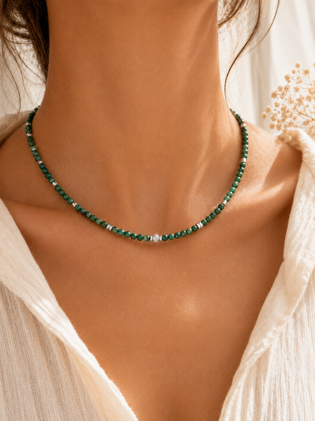 Collier Malachite argenté