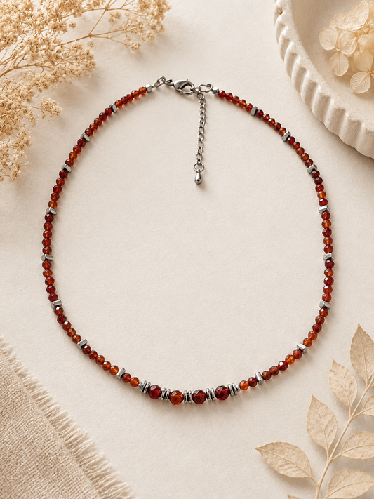 Collier en Grenat Orange Naturel – Confiance, Courage & Énergie Argenté