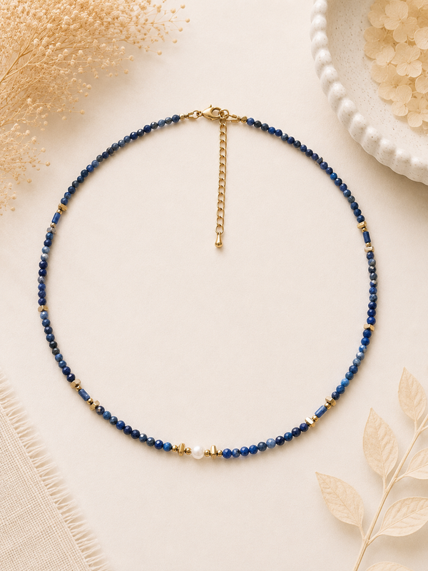Collier Lapis Lazuli et Perle Culture d’eau douce doré