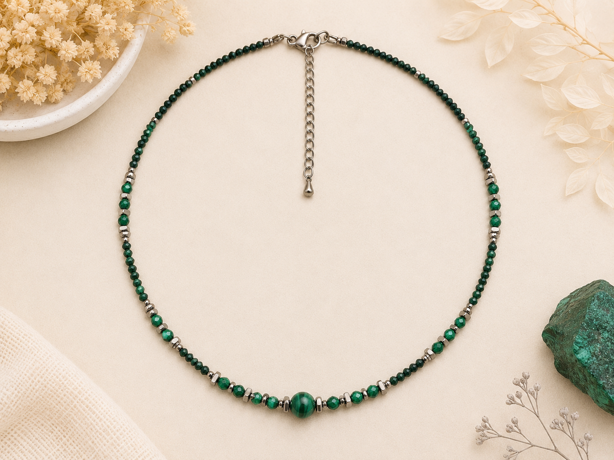 Collier Malachite argenté