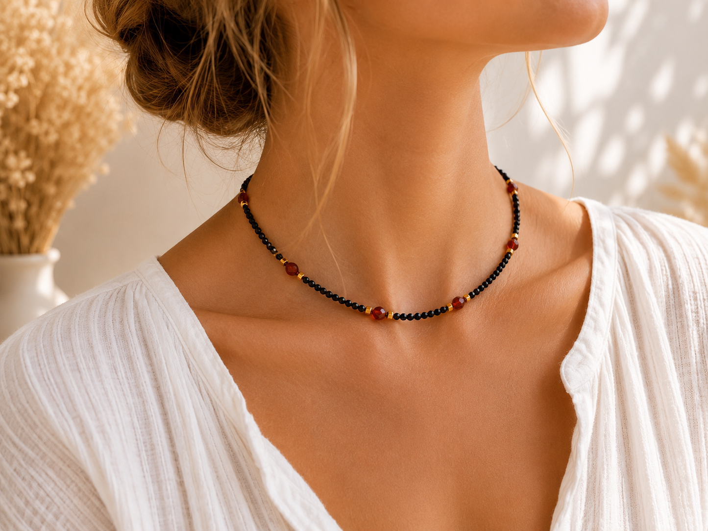 Collier création spinelle et grenat doré