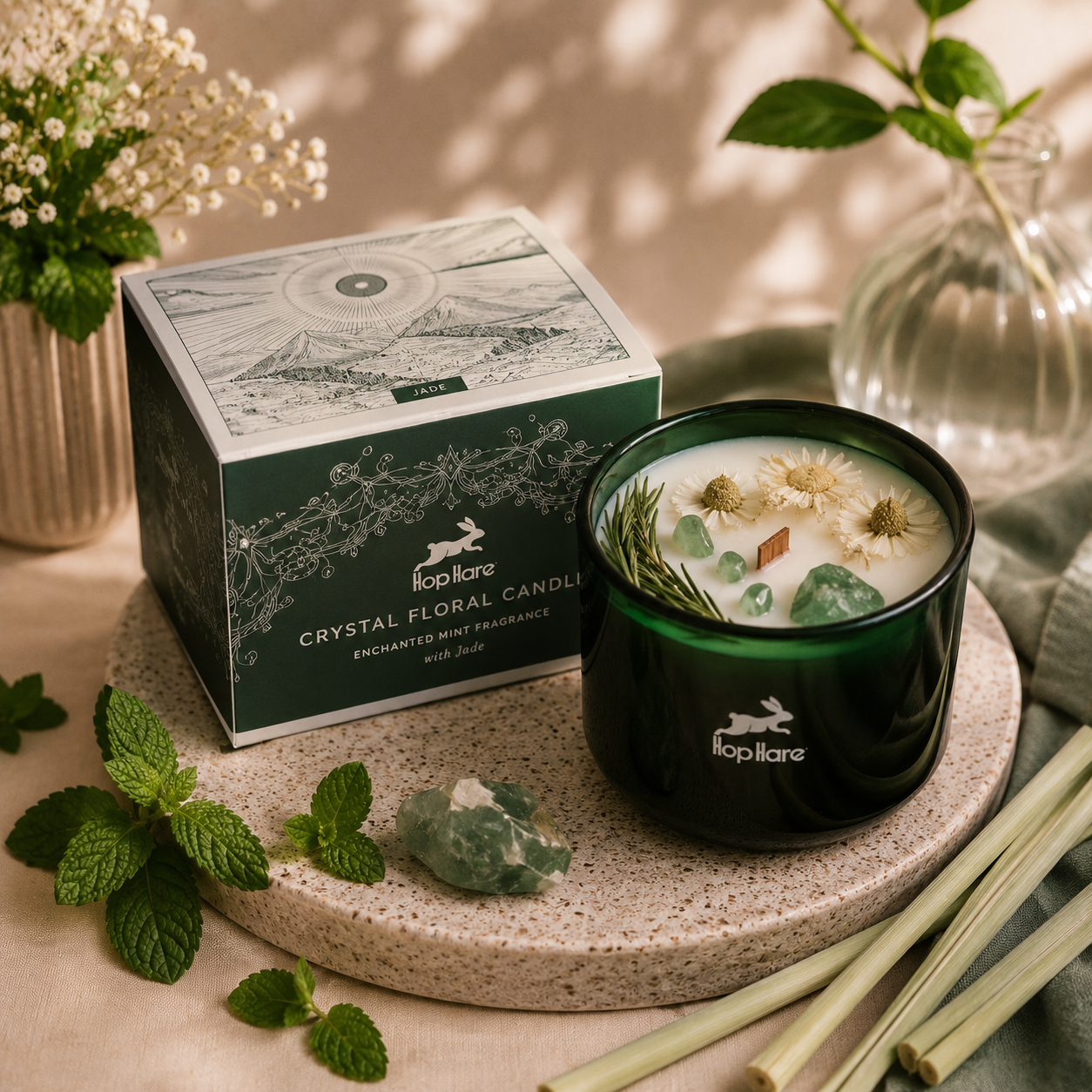 Jade verte - Menthe & citron - Bougie parfumée avec pierre naturelle