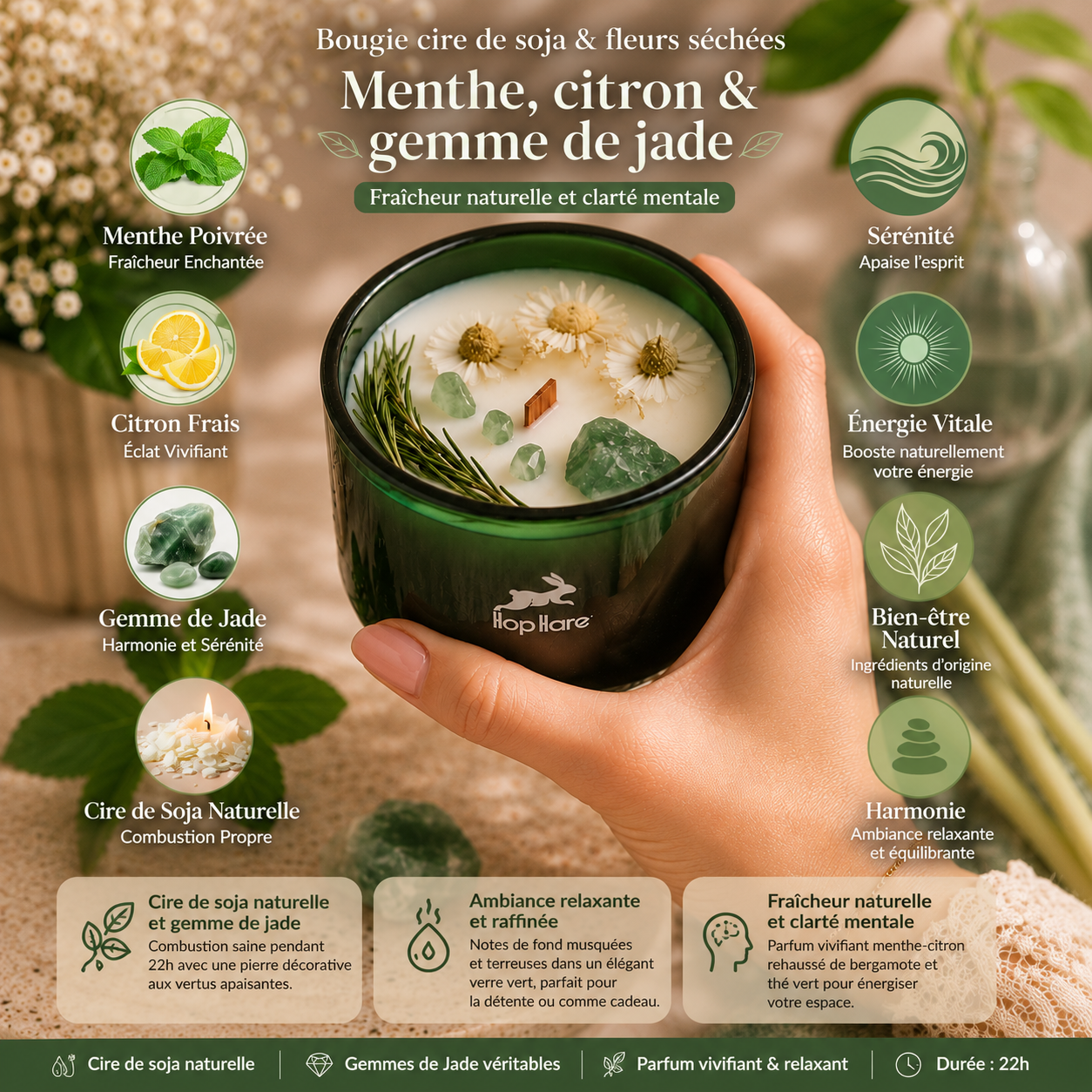 Jade verte - Menthe & citron - Bougie parfumée avec pierre naturelle