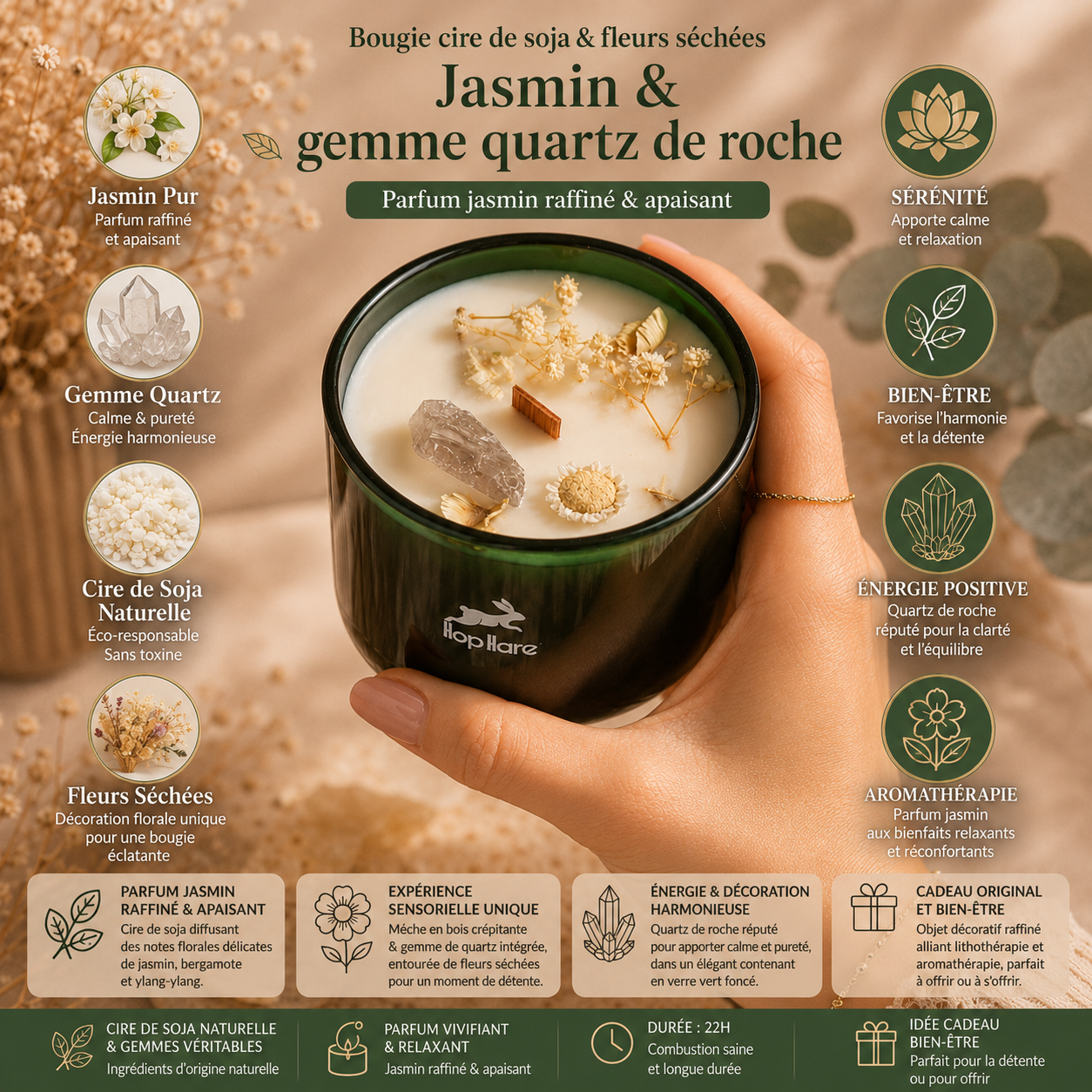 Cristal de roche - Jasmin - Bougie Parfumée aux Pierres Naturelles