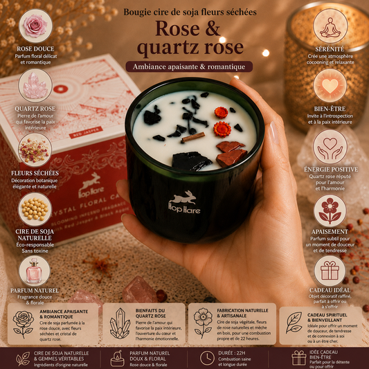 Quartz Rose - Rose du Maroc - Bougie parfumée aux pierres naturelles