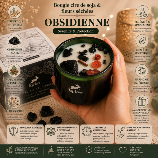 Obsidienne - Cédre - Bougie parfumée avec pierres naturelles