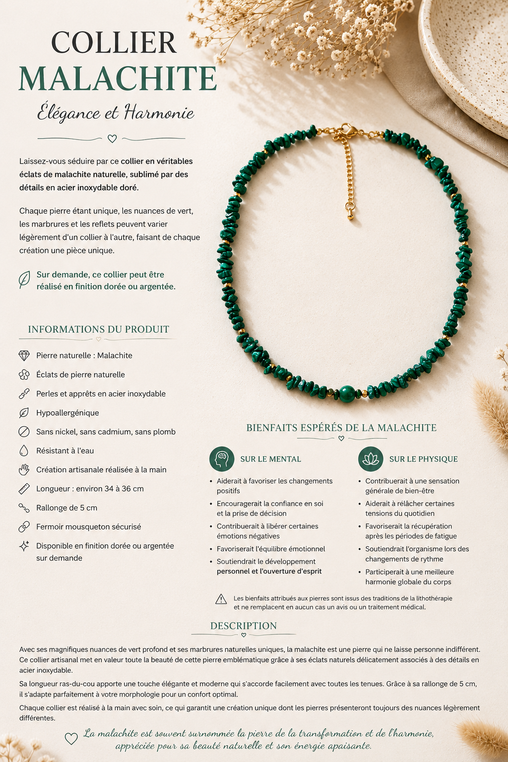 Collier Malachite Création - Dorée