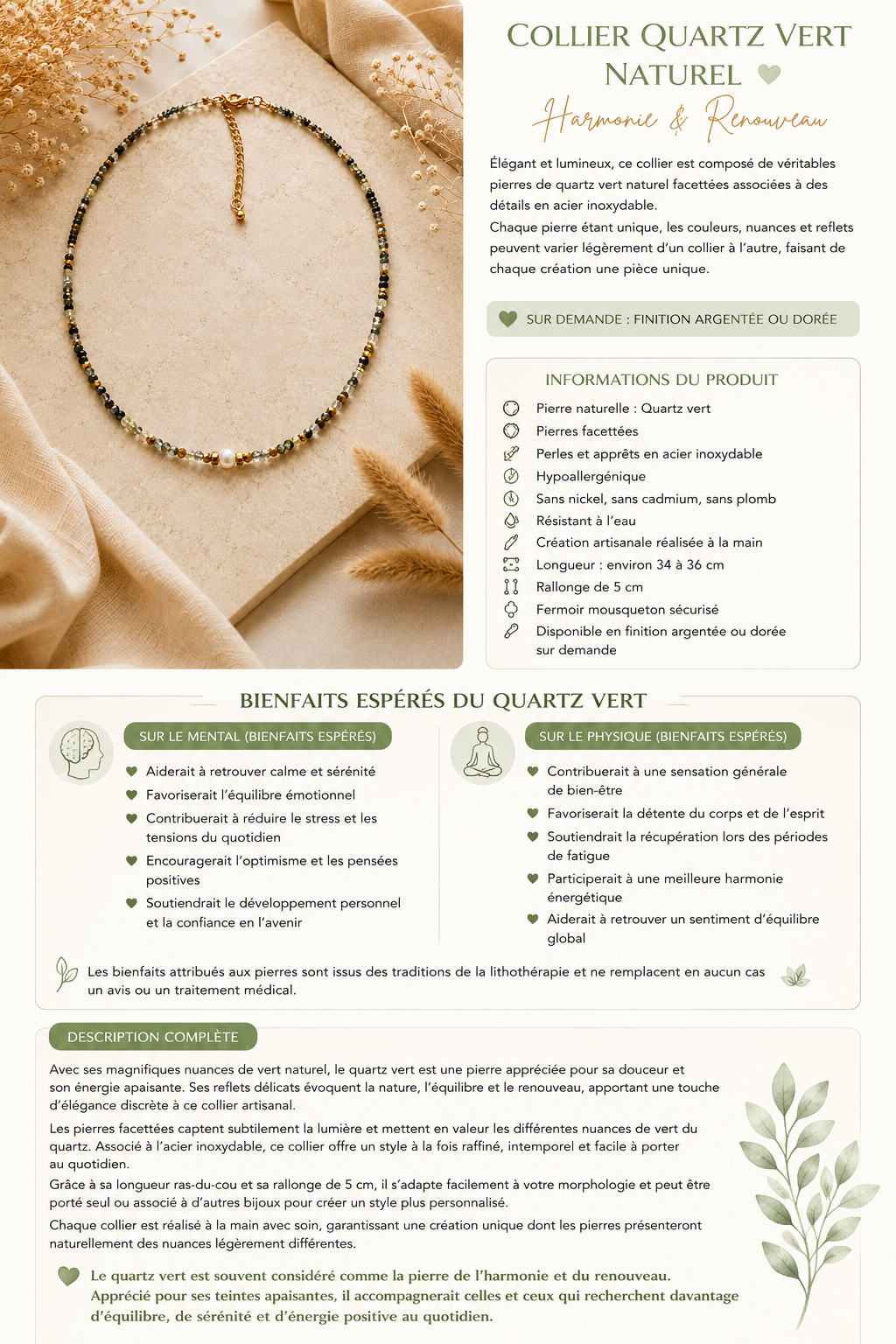 Collier Quartz vert doré - Création