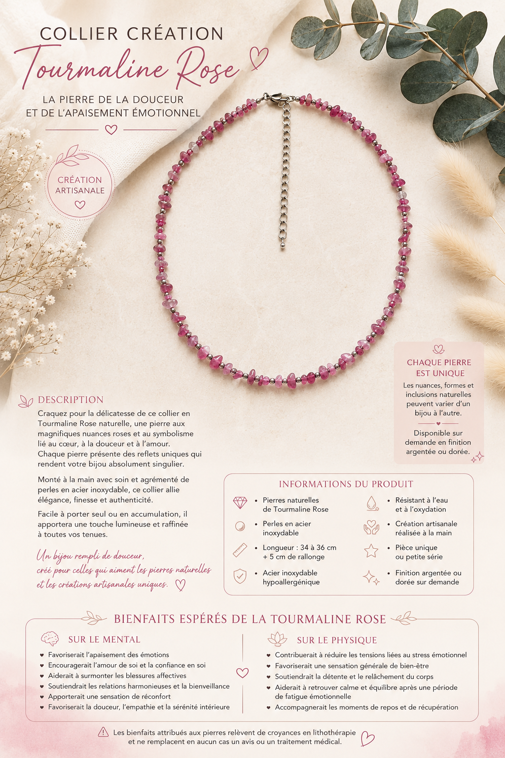 Collier Tourmaline Rose - Création Argenté