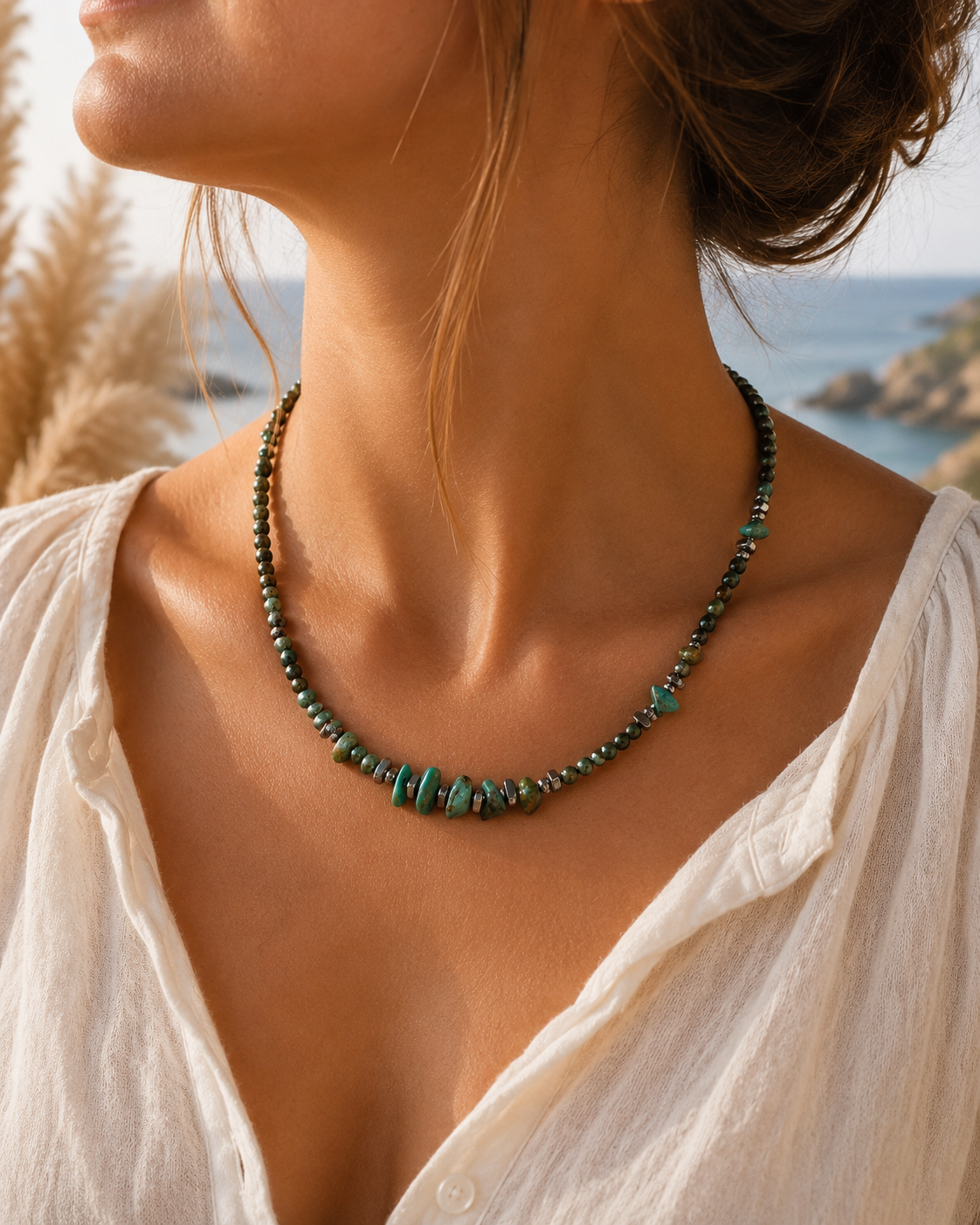Collier Turquoise Africaine Facettée Argenté