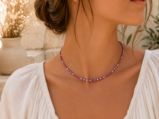 Collier Tourmaline Rose facetté - argenté