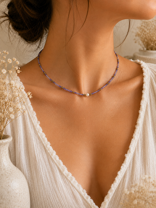 Collier Améthyste facetté et perle doré